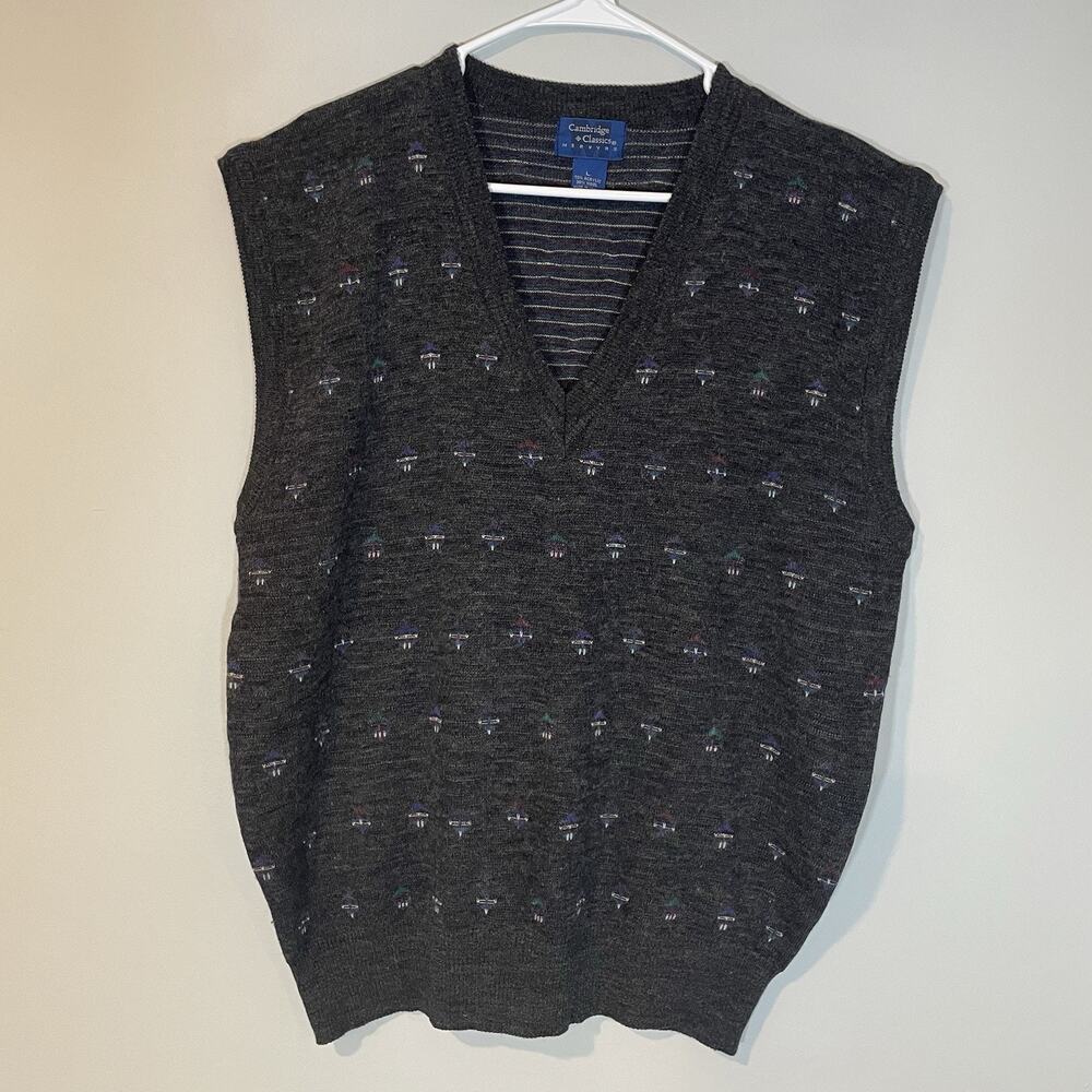 Vintage Cambridge Classics Sleeveless Pullover Wool‎ Men Sweater Vest Grey Large